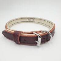 1" Burgundy Latigo Leather Collar, Lined with Silver Deerskin, Black Stitch, Stainless Steel Hardware, Neck Size 19-24"