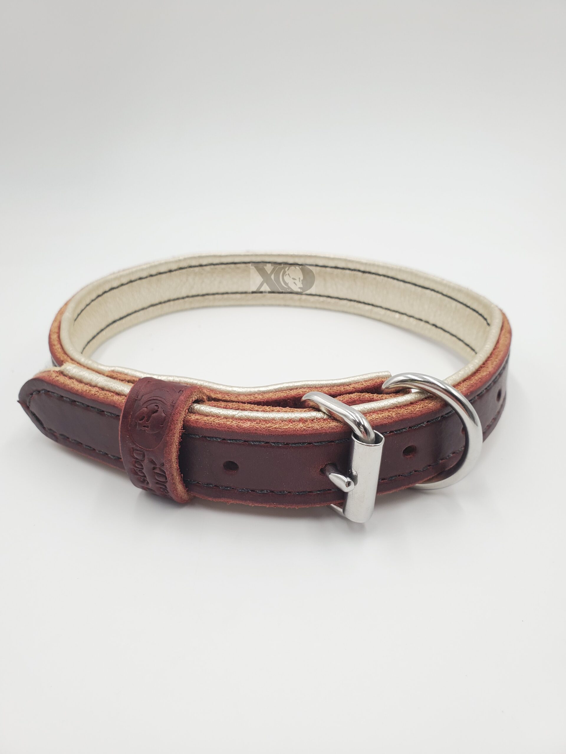 1" Burgundy Latigo Leather Collar, Lined with Silver Deerskin, Black Stitch, Stainless Steel Hardware, Neck Size 19-24"