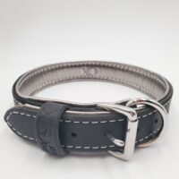 1.5" Black Latigo Leather Collar, Lined with Silver Deerskin, White Stitch, Stainless Steel Hardware, Neck Size 19-24"