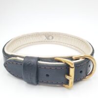 1.5" Black Latigo Leather Collar, Lined with Platinum Deerskin, Brown Stitch, Solid Brass Hardware, Neck Size 19-24"