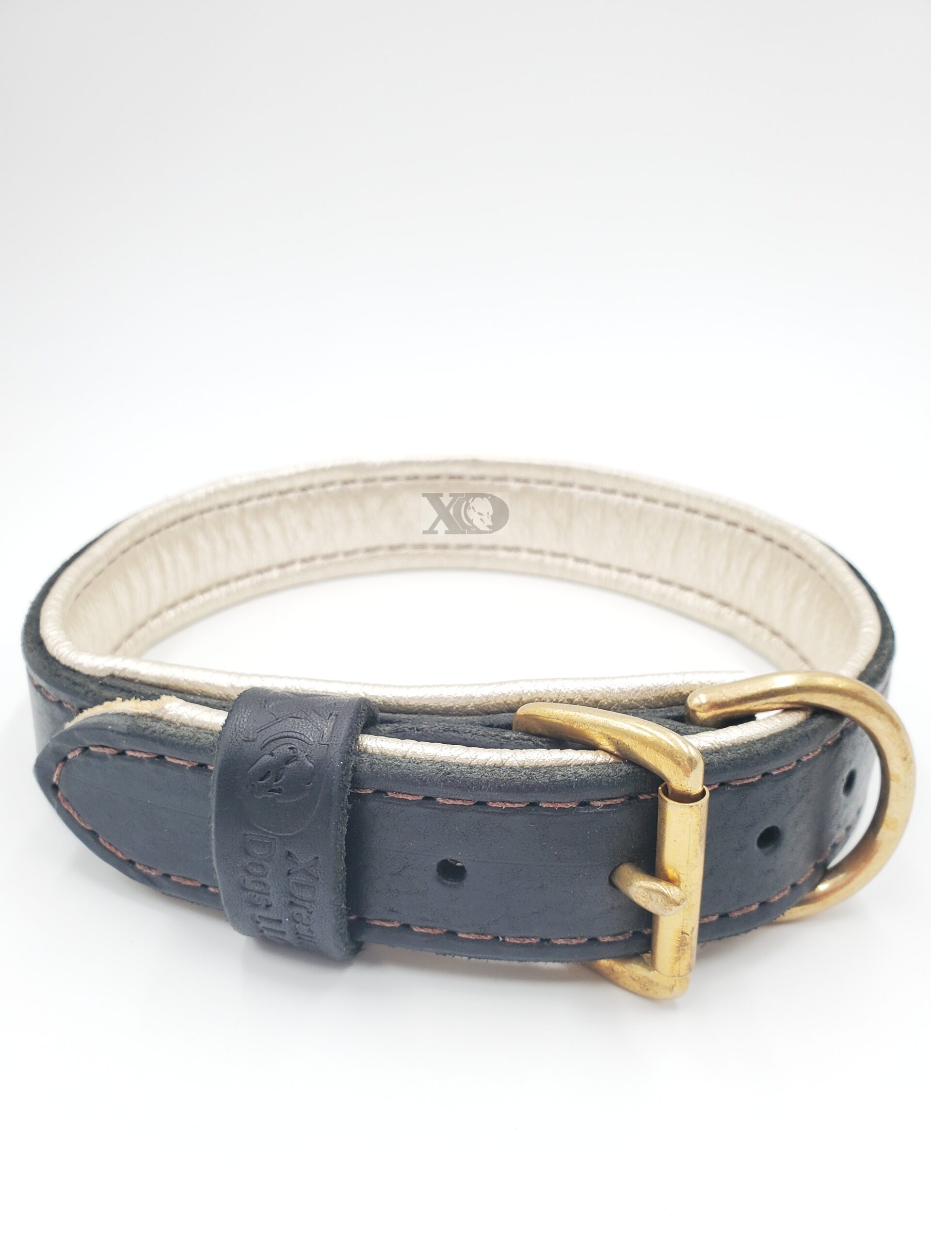 1.5" Black Latigo Leather Collar, Lined with Platinum Deerskin, Brown Stitch, Solid Brass Hardware, Neck Size 19-24"
