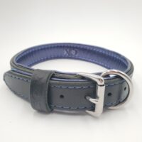1.5" Black Latigo Leather Collar, Lined with Metallic Royal Blue Deerskin, Blue Stitch, Solid Brass Hardware, Neck Size 19-24"