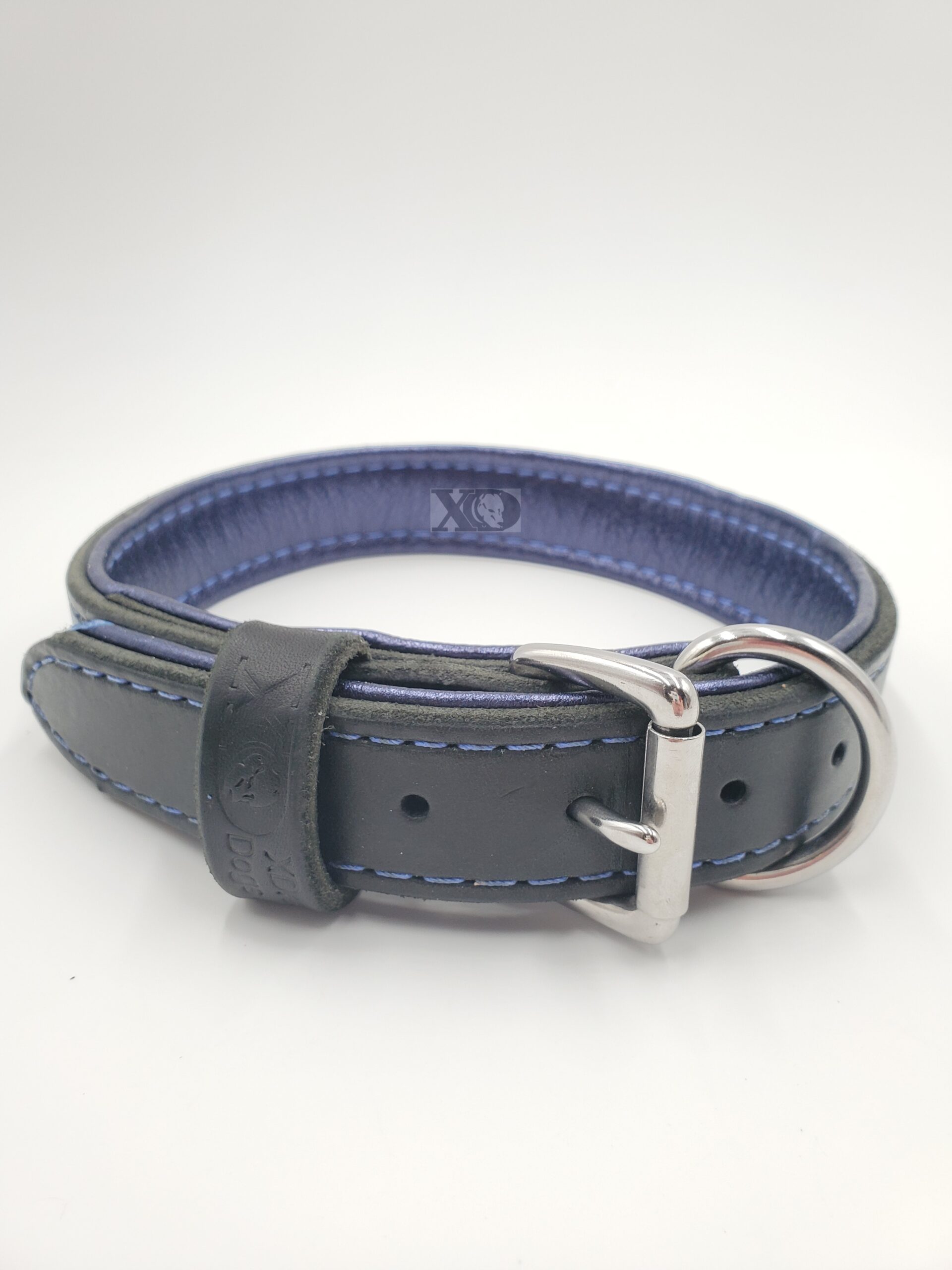 1.5" Black Latigo Leather Collar, Lined with Metallic Royal Blue Deerskin, Blue Stitch, Solid Brass Hardware, Neck Size 19-24"