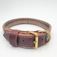 1.5" Burgundy Latigo Leather Collar, Lined with Pewter Deerskin, Grey Stitch, Solid Brass Hardware, Neck Size 19-24"