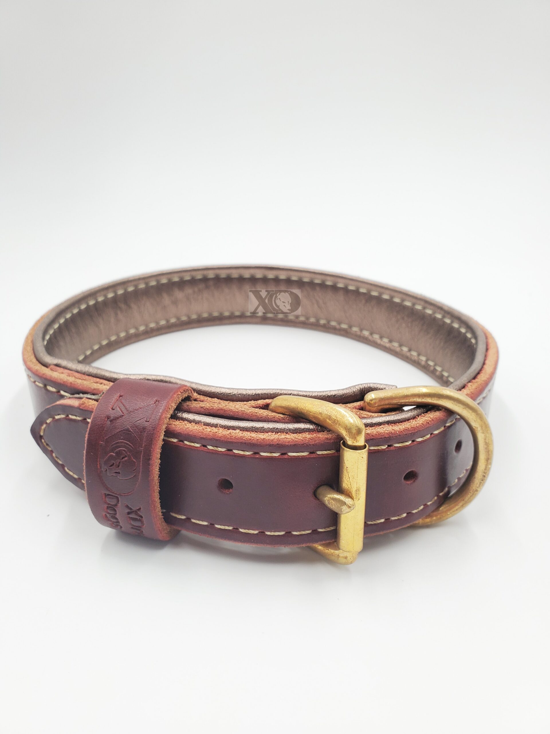 1.5" Burgundy Latigo Leather Collar, Lined with Pewter Deerskin, Grey Stitch, Solid Brass Hardware, Neck Size 19-24"