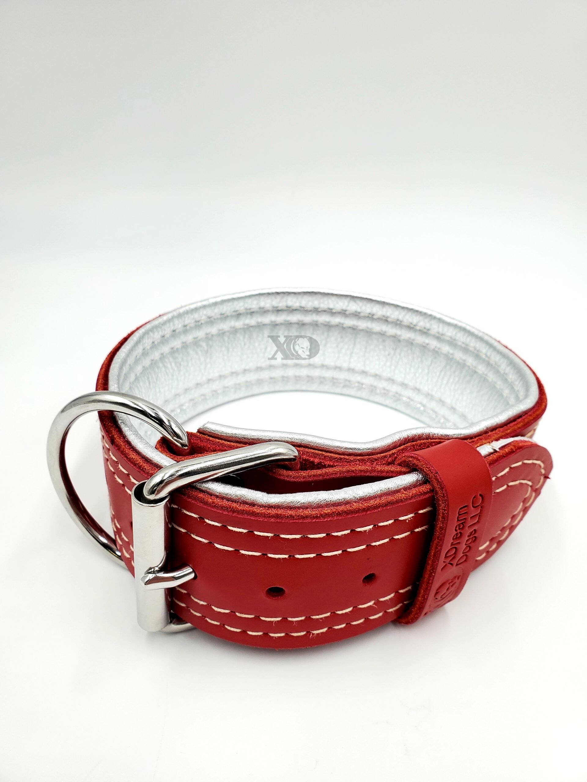 2" Red Latigo Leather Collar, Lined with Silver Deerskin, White Stitch, Neck Size 16-20"