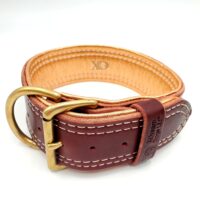 2" Burgundy Latigo Leather Collar, Lined with Copper Deerskin, White Stitch, Neck Size 17-21"