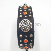 1.25" Black Leather Collar, Single Ply, Celtic Cross, Orange & Silver Conchos, Neck Size 10-13"