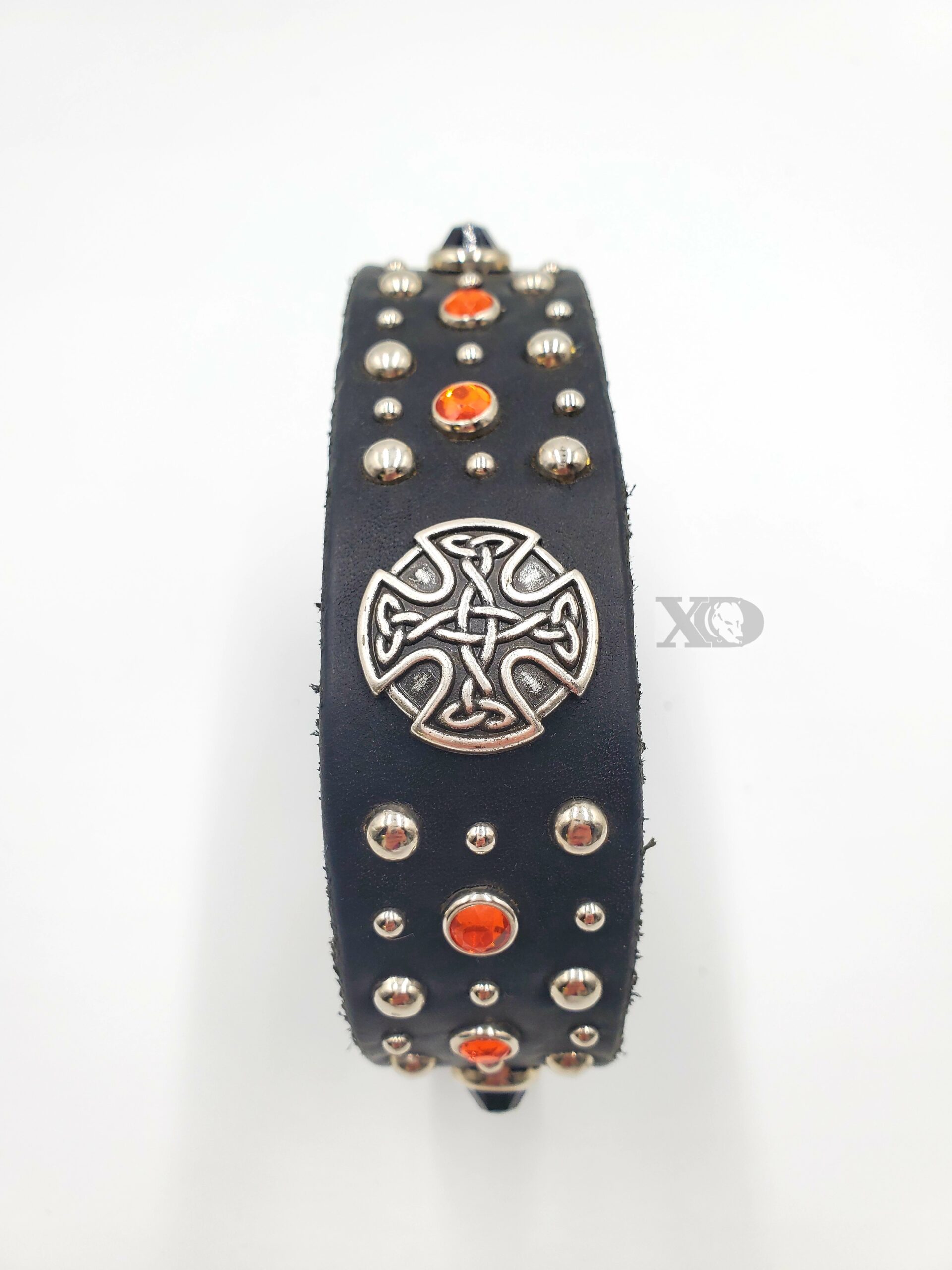 1.25" Black Leather Collar, Single Ply, Celtic Cross, Orange & Silver Conchos, Neck Size 10-13"