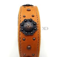 1.5" Tan Latigo Leather Collar, Lined with Mahogany Deerskin, Brown Stitch, Brass Flower Conchos, Neck Size 14-18"
