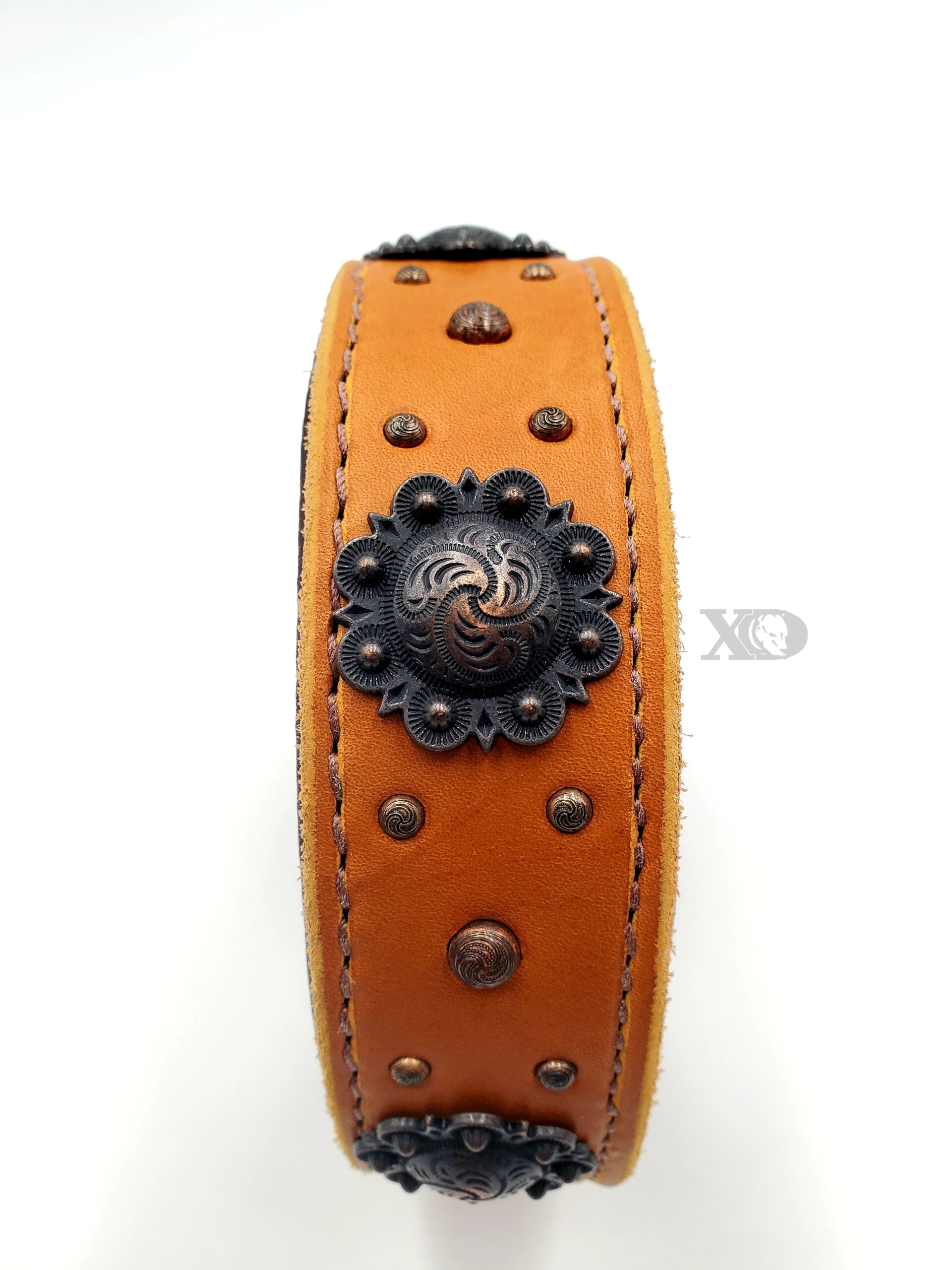 1.5" Tan Latigo Leather Collar, Lined with Mahogany Deerskin, Brown Stitch, Brass Flower Conchos, Neck Size 14-18"