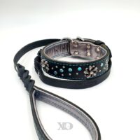 1.5" Black Latigo Leather Collar/Lead Set- Silver Deerskin Lining, Crystal & Blue Conchos, Blue Stitch, Neck Size 14-18"