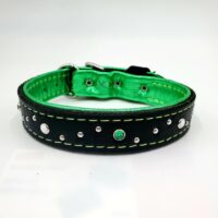 1" Black Latigo Leather Collar, Lined with Metallic Green Deerskin, Lime Stitch, Green & Silver Conchos, Neck Size 15-19"