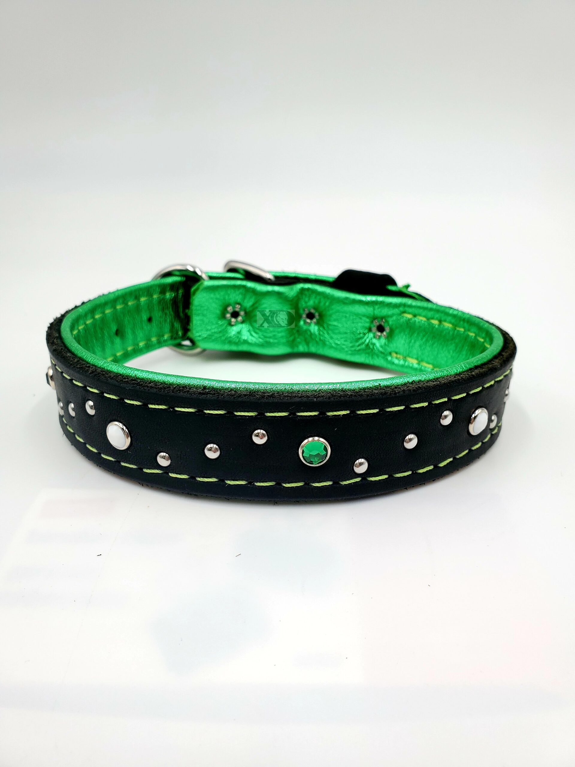 1" Black Latigo Leather Collar, Lined with Metallic Green Deerskin, Lime Stitch, Green & Silver Conchos, Neck Size 15-19"