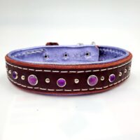 1" Burgundy Latigo Leather Collar, Lined with Metallic Purple Deerskin, White Stitch, Purple & Silver Conchos, Neck Size 15-19"