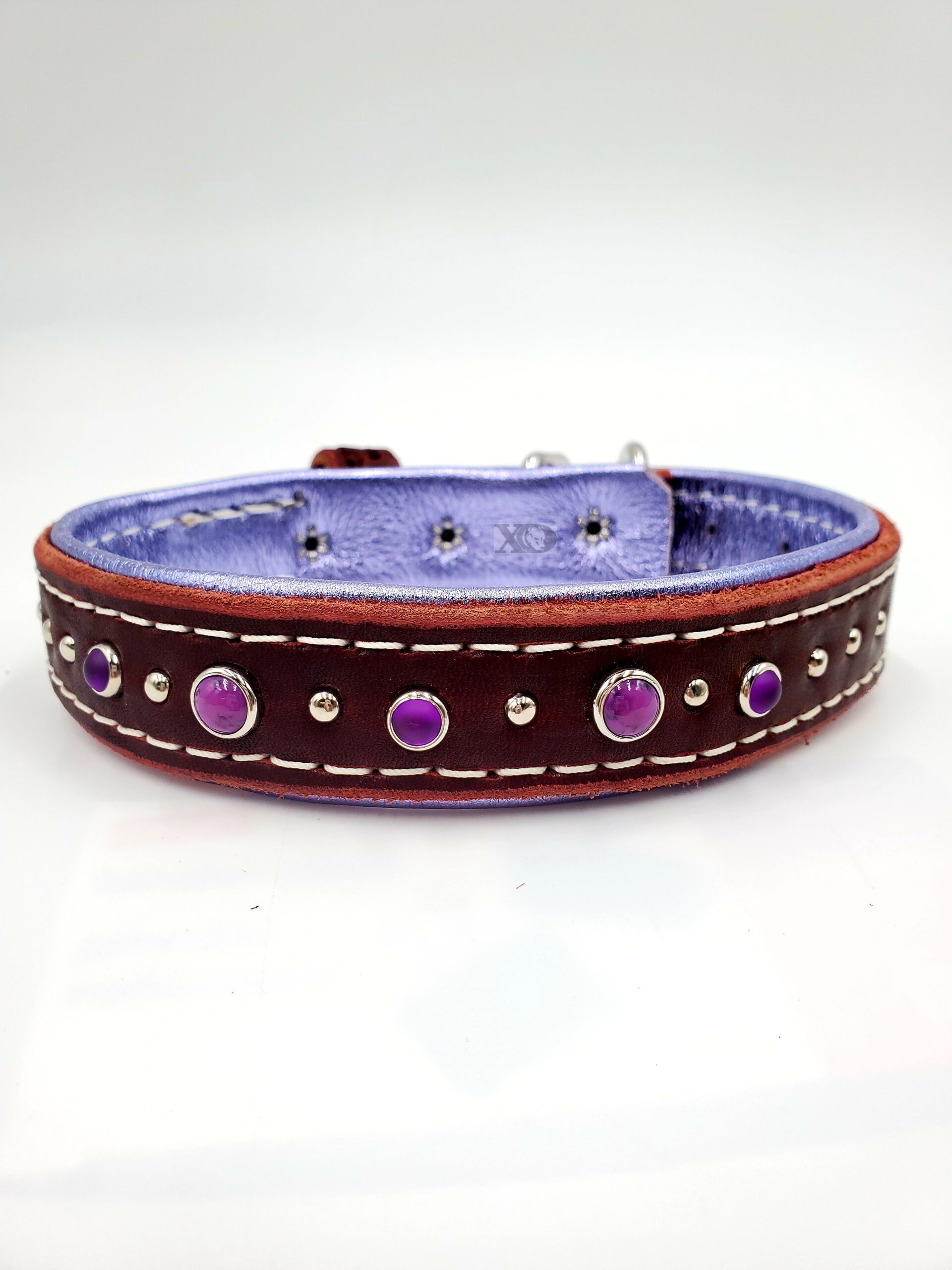 1" Burgundy Latigo Leather Collar, Lined with Metallic Purple Deerskin, White Stitch, Purple & Silver Conchos, Neck Size 15-19"