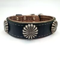 1.75" Black Latigo Leather Collar, Lined with Pewter Deerskin, Grey Stitch, Sand Dollar Conchos, Neck Size 15-19"