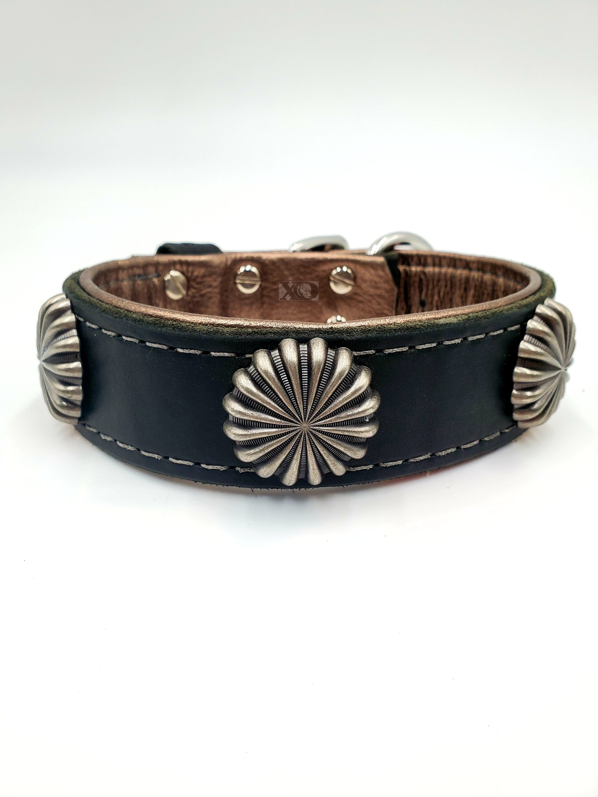1.75" Black Latigo Leather Collar, Lined with Pewter Deerskin, Grey Stitch, Sand Dollar Conchos, Neck Size 15-19"