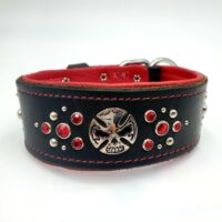 2" Black Latigo Leather Collar, Lined with Red Deerskin, Red Stitch, Skull & Red Conchos, Neck Size 15-19"