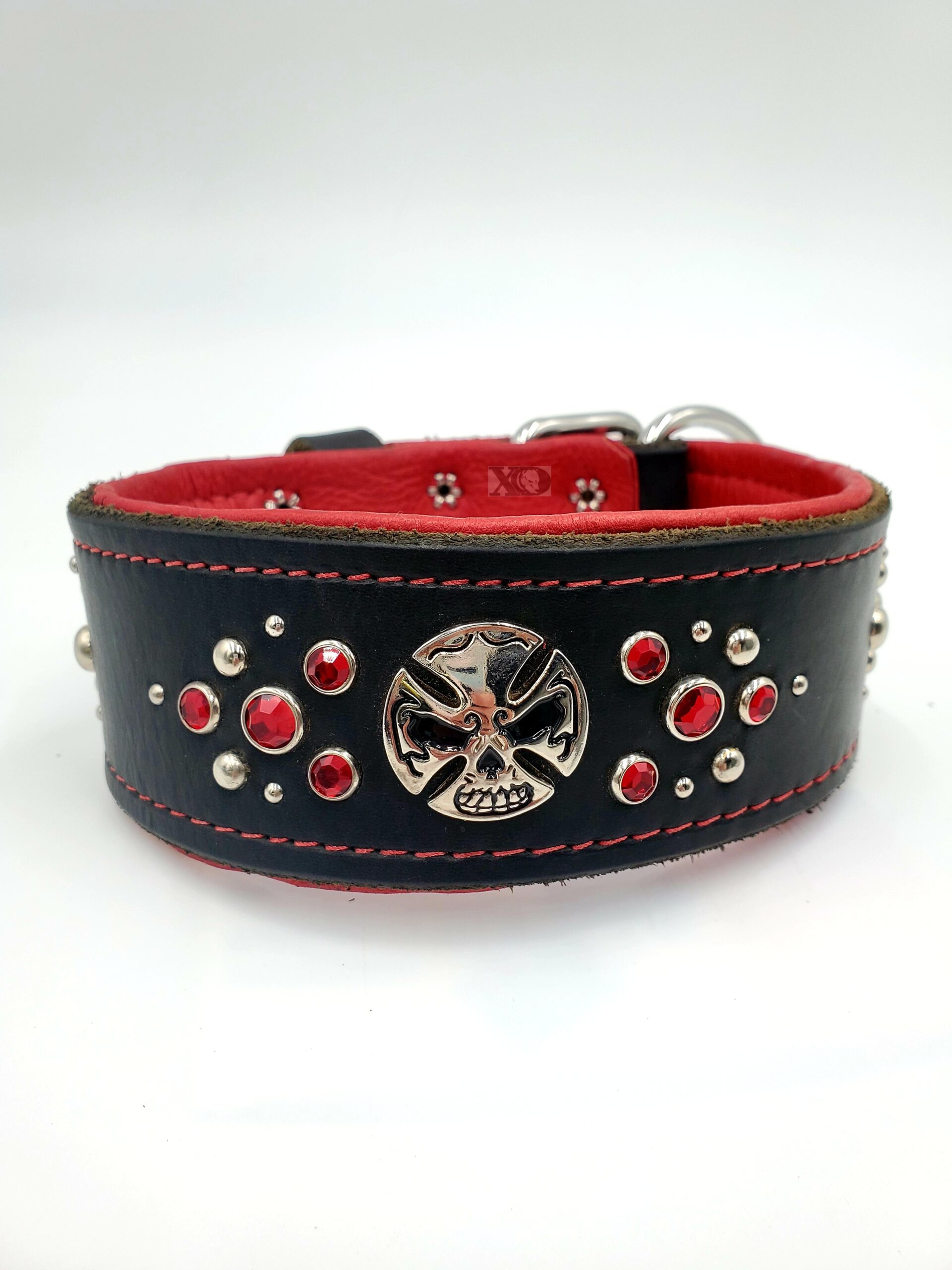 2" Black Latigo Leather Collar, Lined with Red Deerskin, Red Stitch, Skull & Red Conchos, Neck Size 15-19"