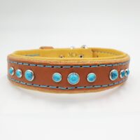 1" Tan Latigo Leather Collar, Lined with Yellow Deerskin, Blue Stitch, Turquoise & Blue Conchos, Neck Size 16-20"