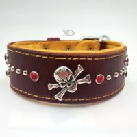 2" Brown Latigo Leather Collar, Lined with Mustard Deerskin, Yellow Stitch, Skull & Bones Conchos, Neck Size 16-20"