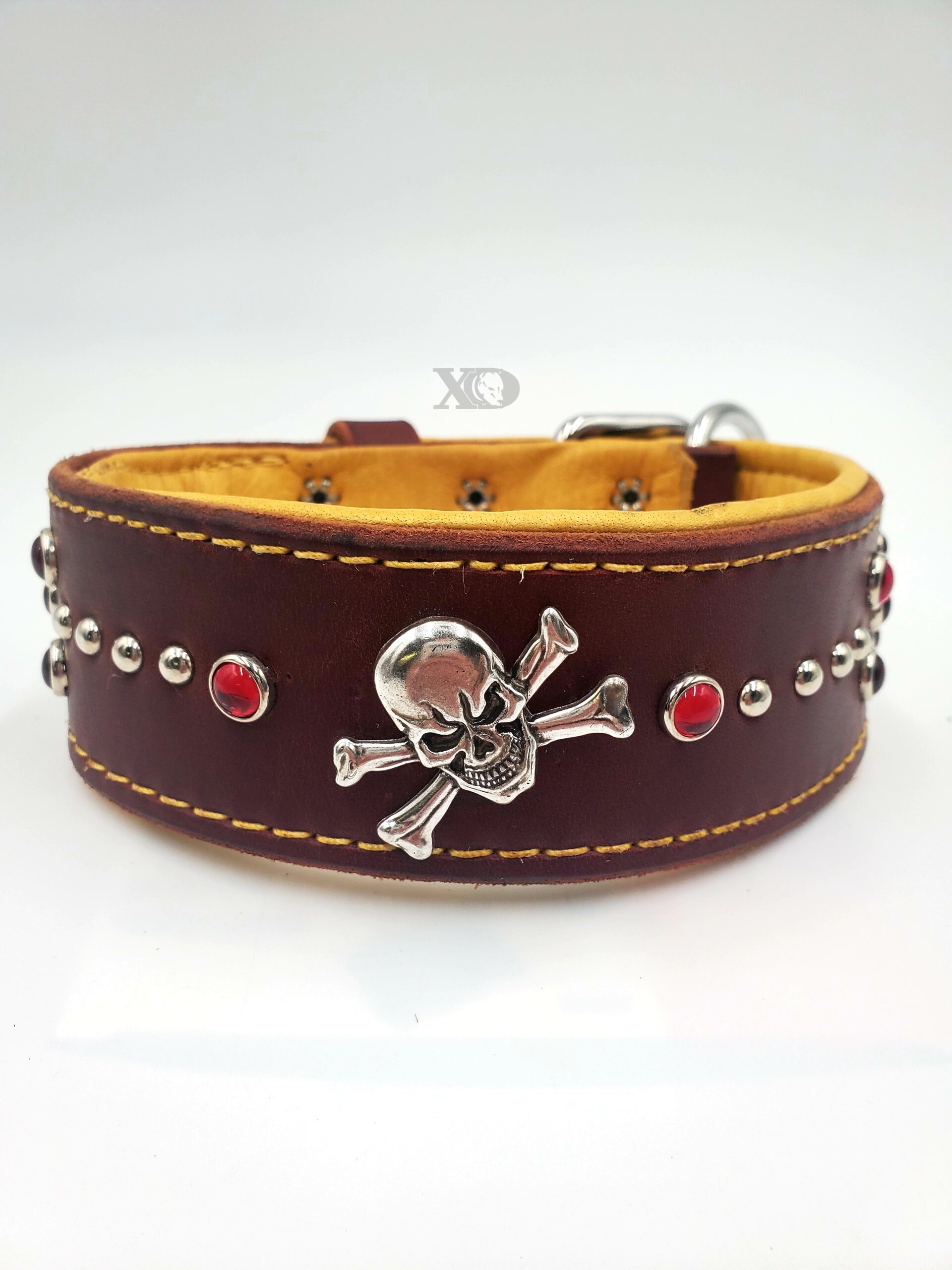 2" Brown Latigo Leather Collar, Lined with Mustard Deerskin, Yellow Stitch, Skull & Bones Conchos, Neck Size 16-20"