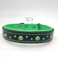 1" Black Latigo Leather Collar, Lined with Lime Deerskin, Lime Stitch, Green & Silver Conchos, Neck Size 17-21"