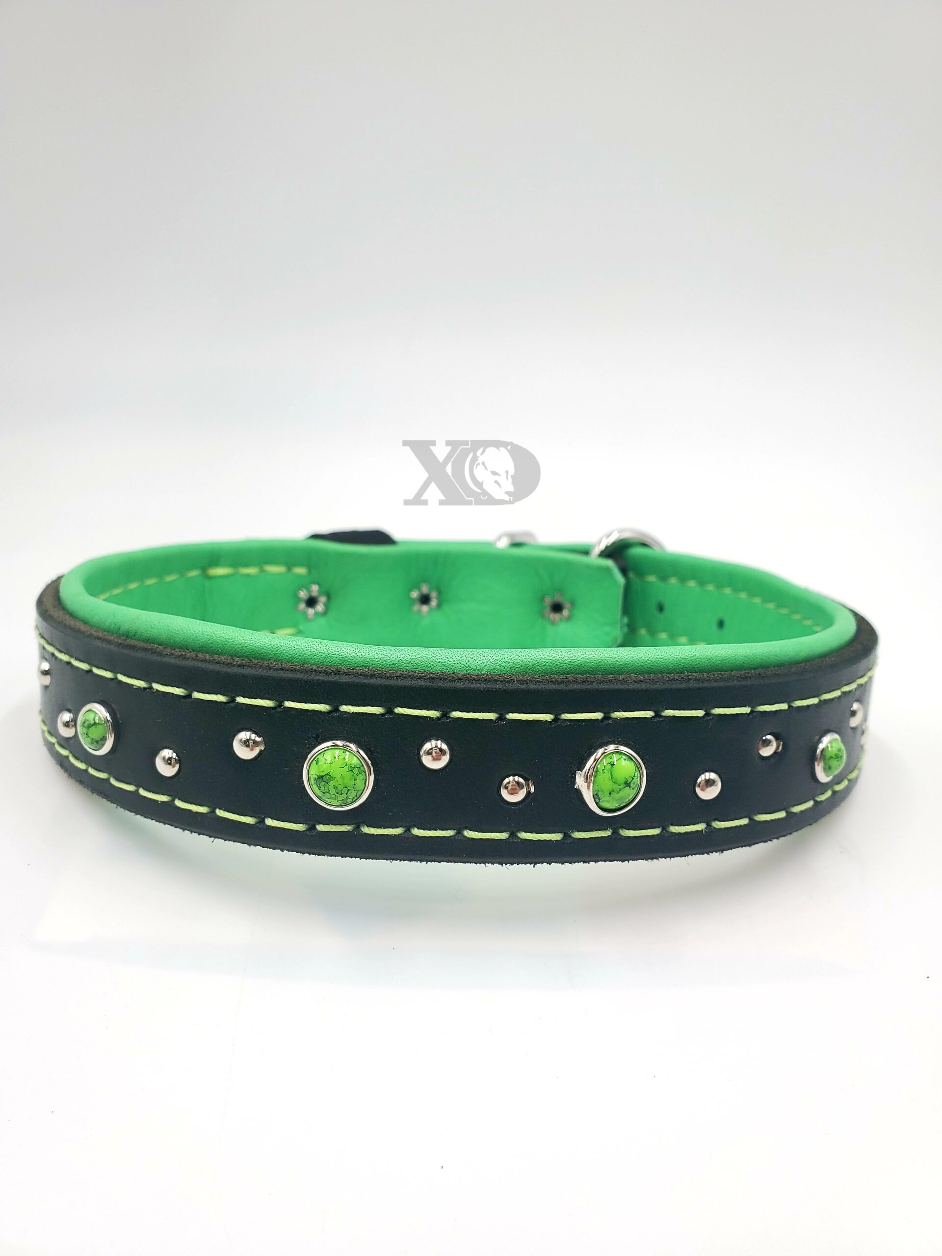 1" Black Latigo Leather Collar, Lined with Lime Deerskin, Lime Stitch, Green & Silver Conchos, Neck Size 17-21"