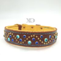 1.5" Brown Latigo Leather Collar, Lined with Mustard Yellow Deerskin, Blue Stitch, Brass & Blue Conchos, Neck Size 17-21"