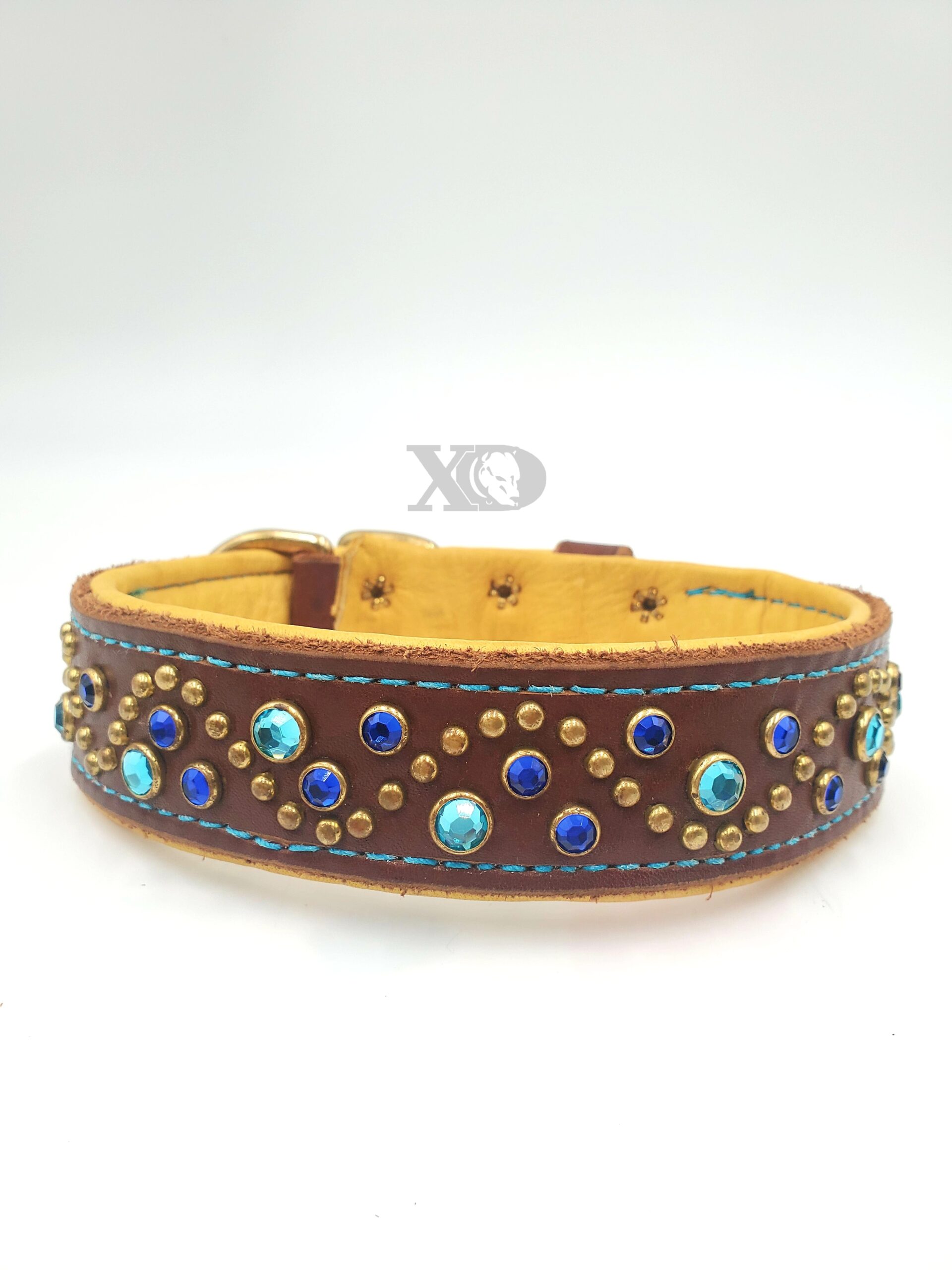 1.5" Brown Latigo Leather Collar, Lined with Mustard Yellow Deerskin, Blue Stitch, Brass & Blue Conchos, Neck Size 17-21"