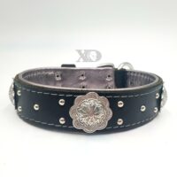 1.5" Black Latigo Leather Collar, Lined with Silver Deerskin, Grey Stitch, Stainless Conchos, Neck Size 17-21"