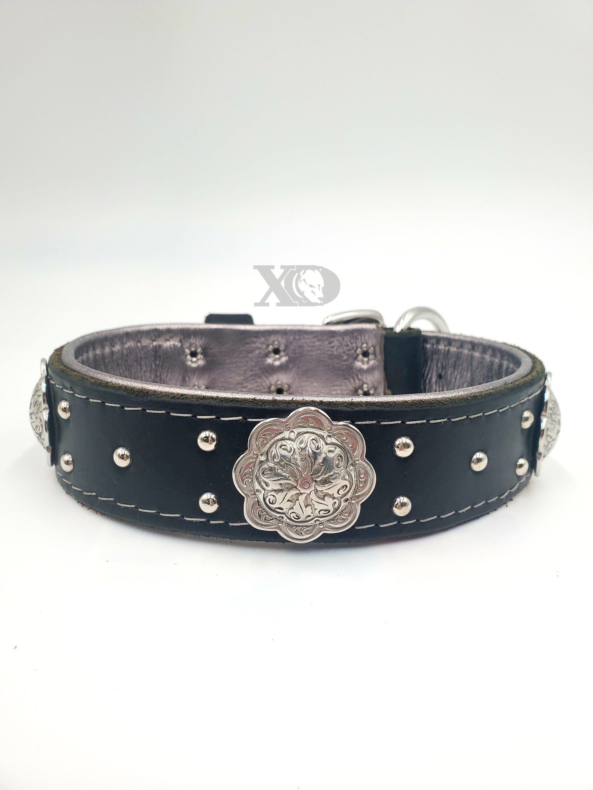 1.5" Black Latigo Leather Collar, Lined with Silver Deerskin, Grey Stitch, Stainless Conchos, Neck Size 17-21"