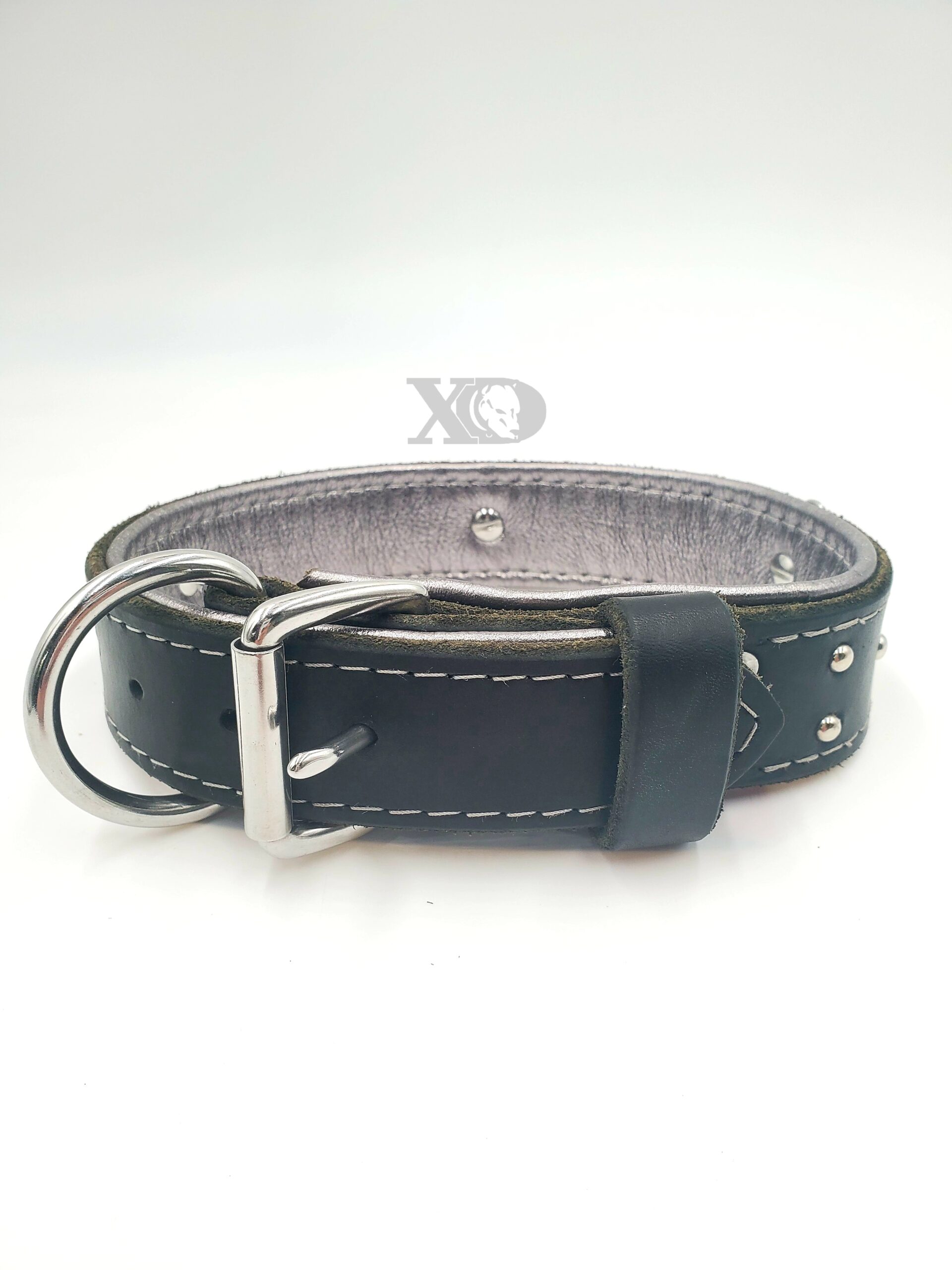 1.5" Black Latigo Leather Collar, Lined with Silver Deerskin, Grey Stitch, Stainless Conchos, Neck Size 17-21" - Image 2