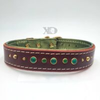 1.5" Burgundy Latigo Leather Collar, Lined with Metallic Olive Deerskin, White Stitch, Green and Brass Conchos, Neck Size 18-22"