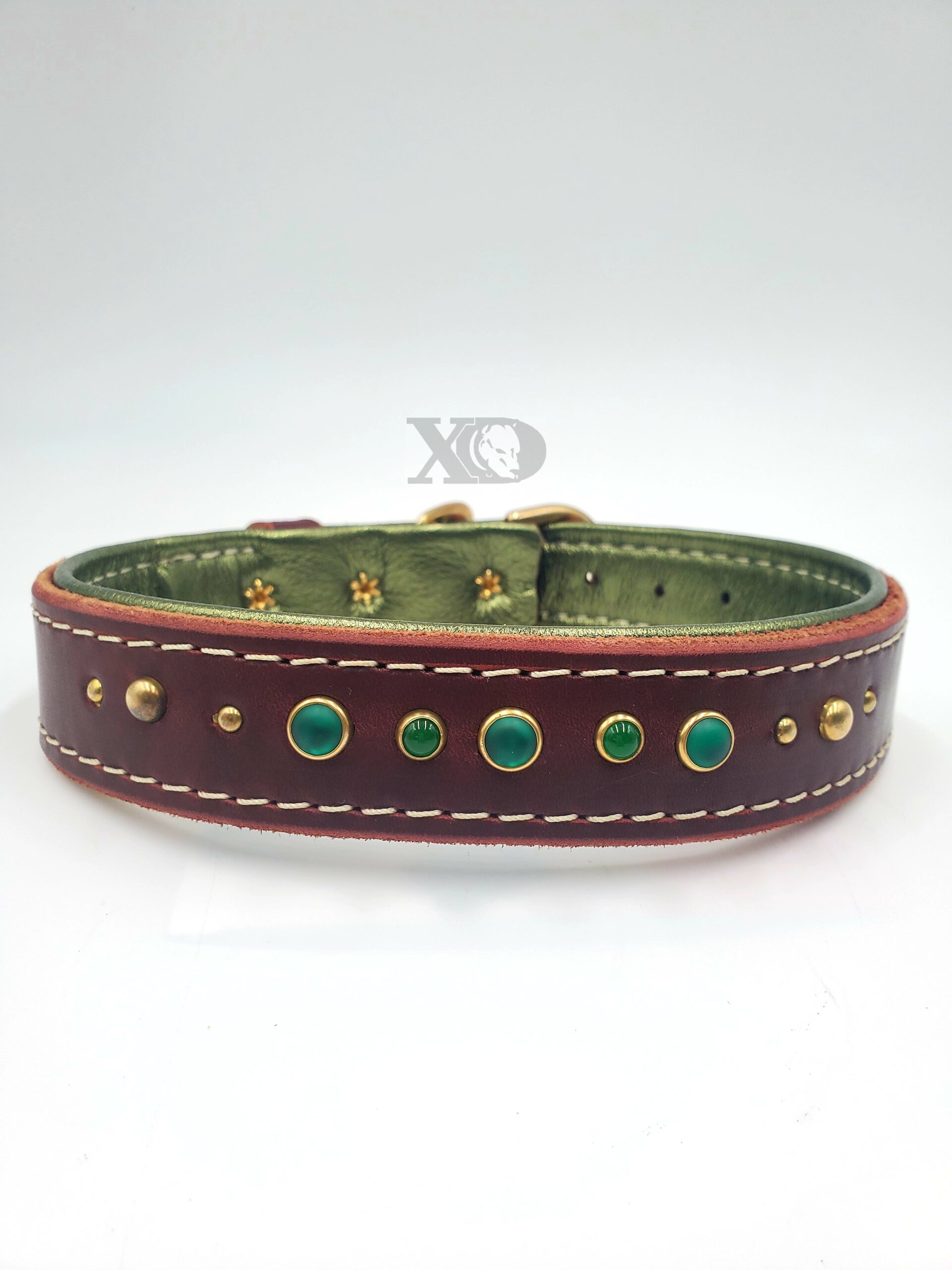 1.5" Burgundy Latigo Leather Collar, Lined with Metallic Olive Deerskin, White Stitch, Green and Brass Conchos, Neck Size 18-22"