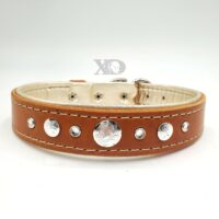 1.25" Tan Latigo Leather Collar, Lined with Platinum Deerskin, Grey Stitch, Crystal & Stainless Conchos, Neck Size 19-23"