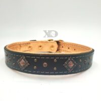 1.25" Black Latigo Leather Collar, Lined with Metallic Copper Deerskin, Grey Stitch, Brass Conchos, Neck Size 20-24"