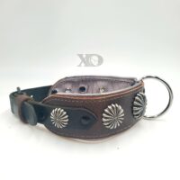 2" Latigo Leather Collar, Lined with Gunmetal Deerskin, Grey Stitch, Silver Shield Conchos & D-Ring, Neck Size 20-22"