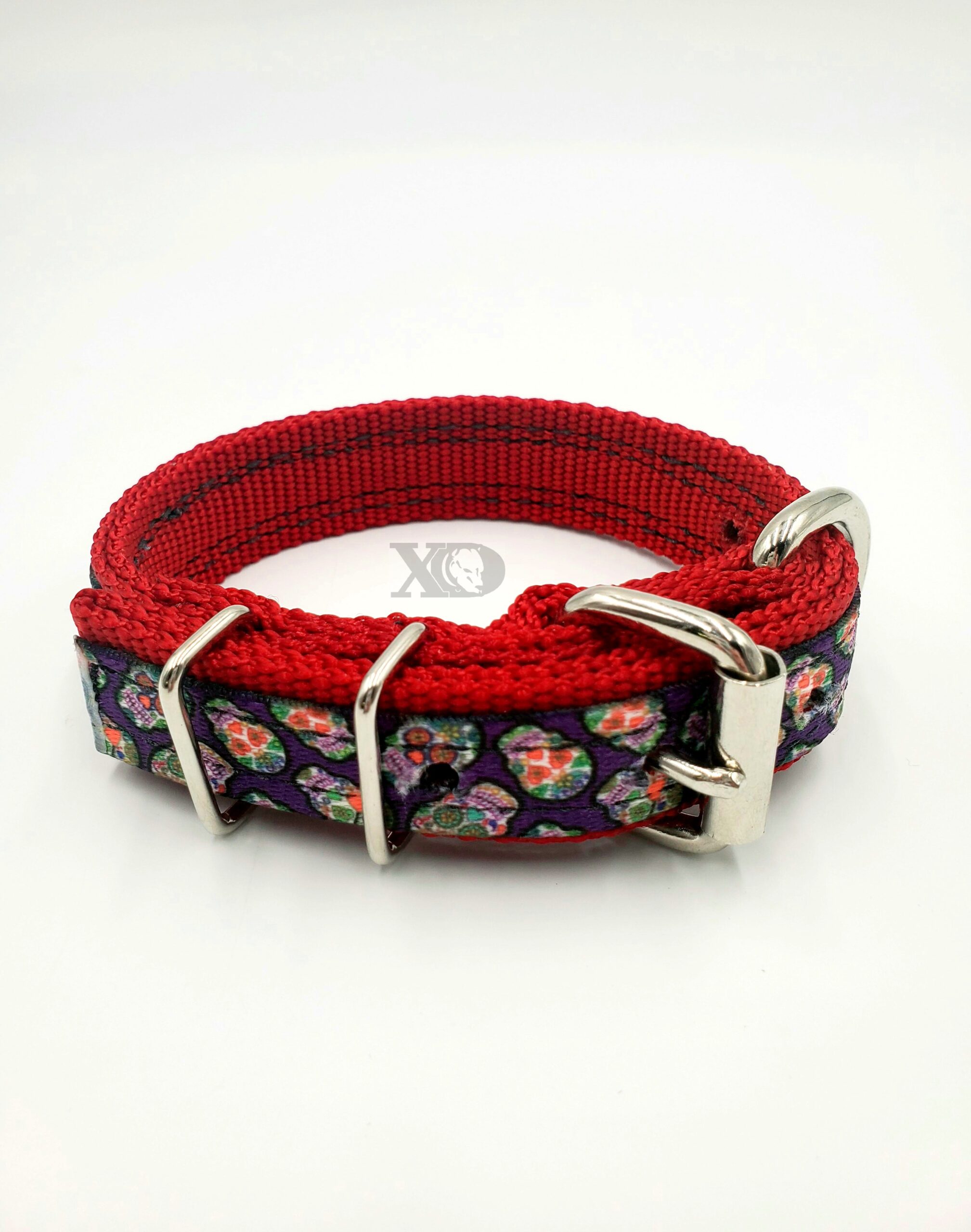 1" Wide Collar, Dark Red with Sugar Skull Stripe, Neck Size 10-14"