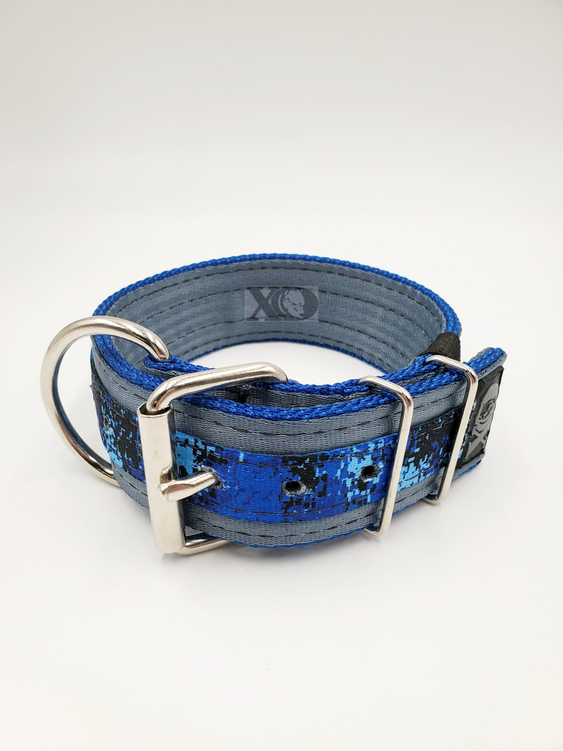2" Wide Kennel Pack, Grey Seat Belt Outer, Pacific Blue Inner, Digital Camo Blue Stripe, Black Stitch, Size 16-21" - Image 2