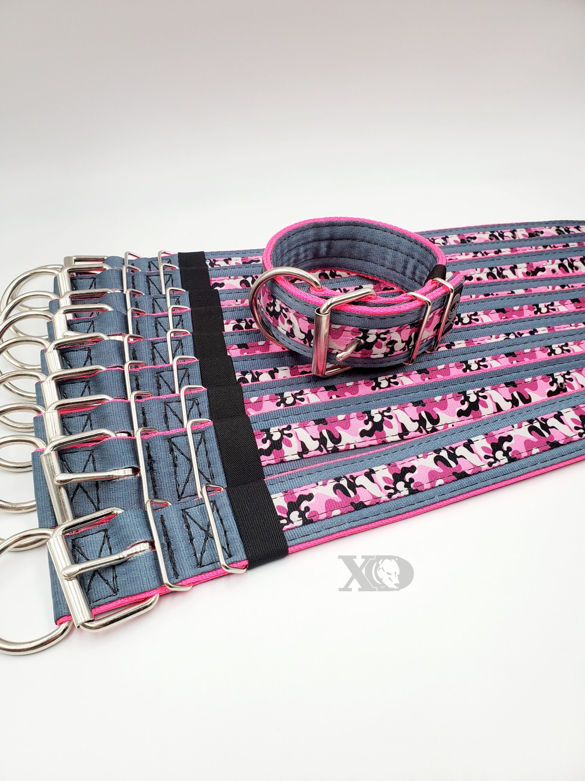 2" Wide Kennel Pack, Grey Seat Belt Outer, Hot Pink Inner, OP Camo Pink Stripe, Black Stitch, Size 14-19"
